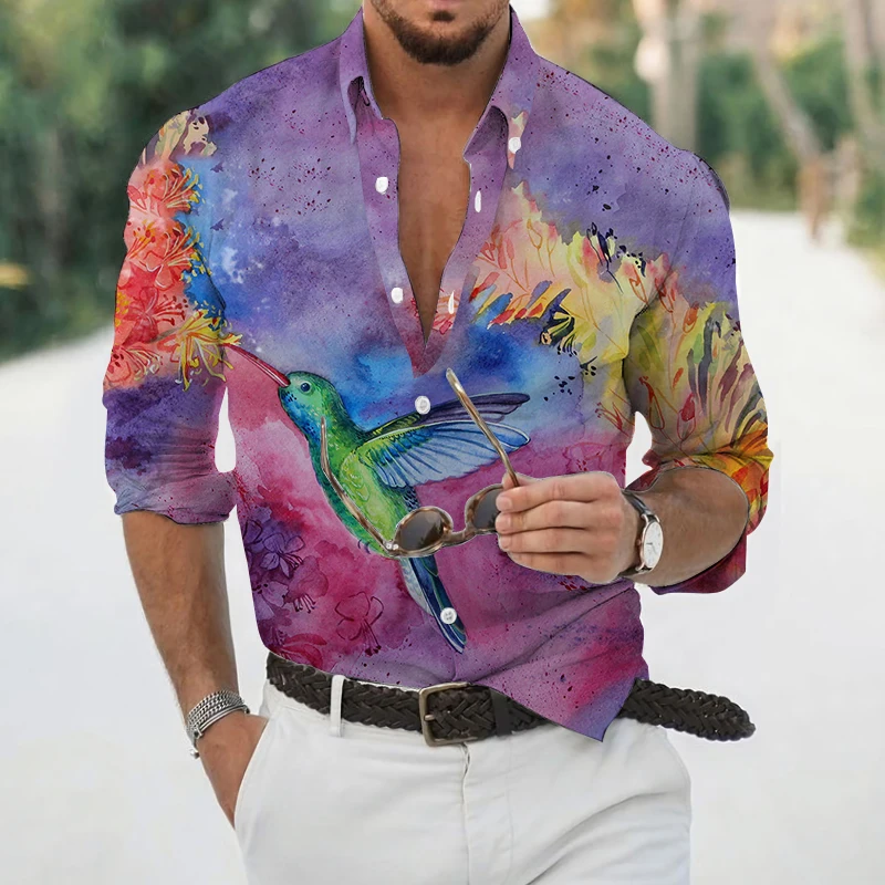 Men's Lapel Shirts Casual Fashion Single Breasted Cardigan Shirts Men's Graffiti Ink Painting 3D Printing Long Sleeve Tops