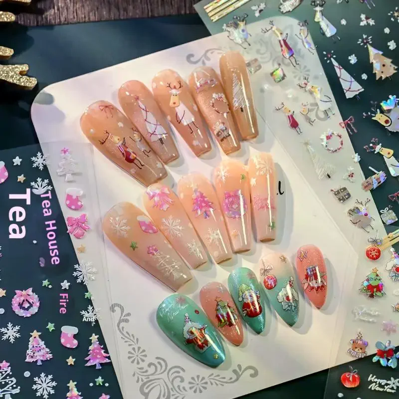 5D Laser Relief Christmas Nail Stickers - Snowflakes Santa Elk Christmas Tree Decals, Embossed Winter Xmas DIY Manicure Set