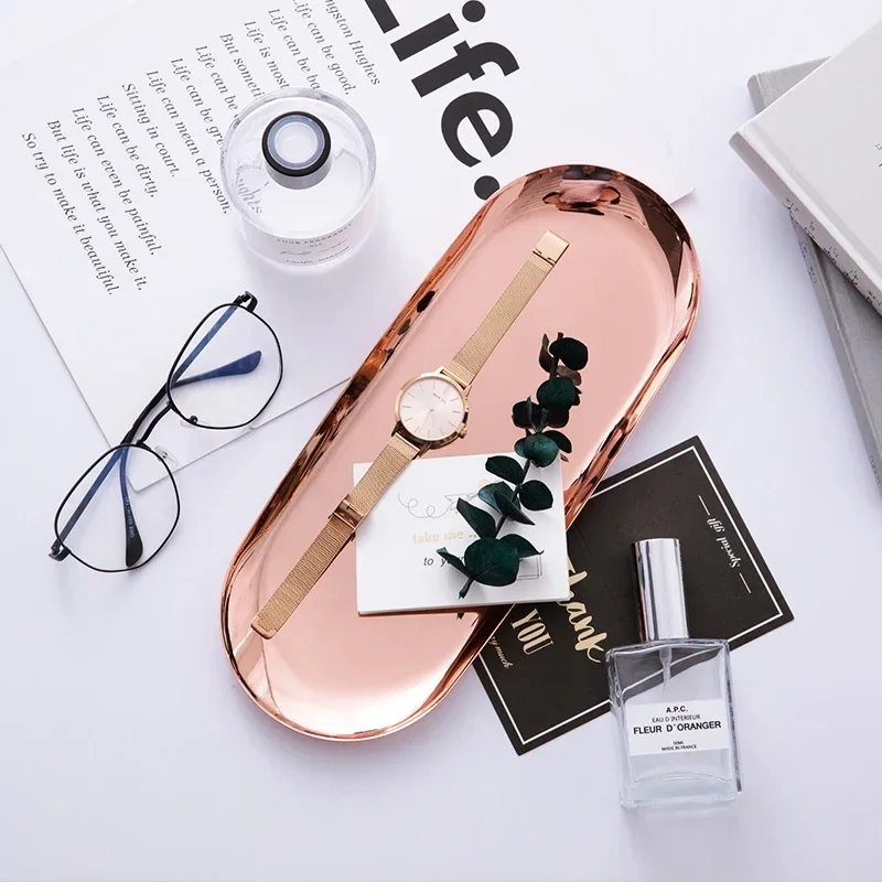 Modern Metal Rose Gold Plate Stainless Steel Silver Oval Storage  Jewelry Display Storage Tray Decorative Supplies Tray 5