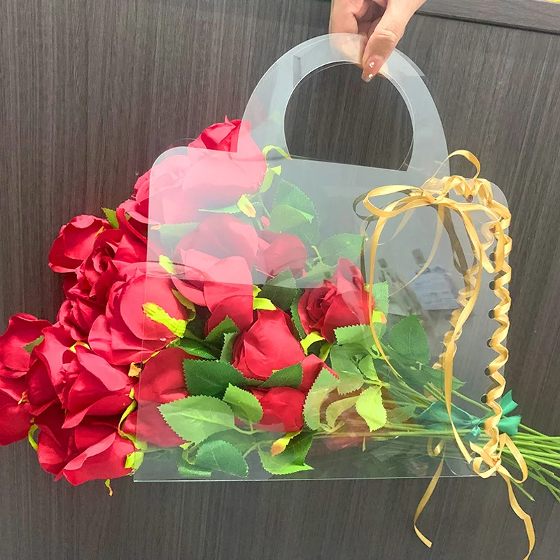 1Pcs Transparent Flower Bouquet Box With Handle Portable Flower Packing Bags Handbag Contatiner Wedding Rose Wrapping Gift Box