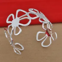 Silver Color Open Bangles Composed Of Four Flowers 5 Petals Adjustable Size Artistic Design Cuff Bracelet Silver Plated Jewelry 1
