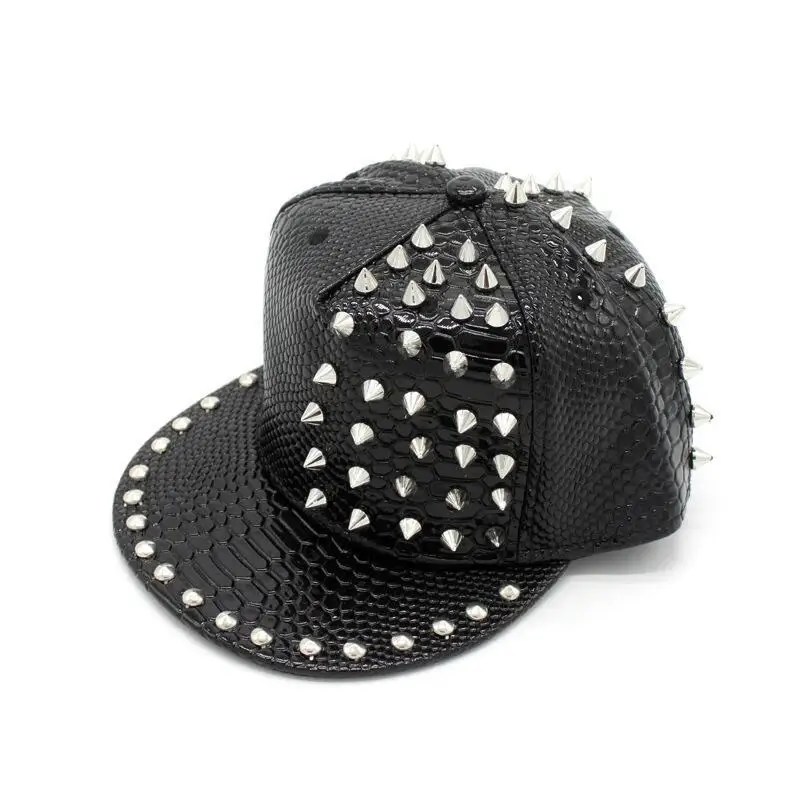 Men Women Sport Sunscreen Hip Hop Street Dance Adjustable Hat Novel Rivet Snakeskin PU Leather Punk SunShade Baseball Cap U12