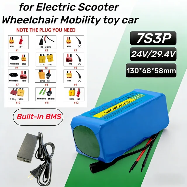 Batterie rechargeable 24V 10Ah 7S3P 18650, protection BMS 29.4V, adaptée aux scooters électriques, fauteuils roulants, voitures jouets. 1