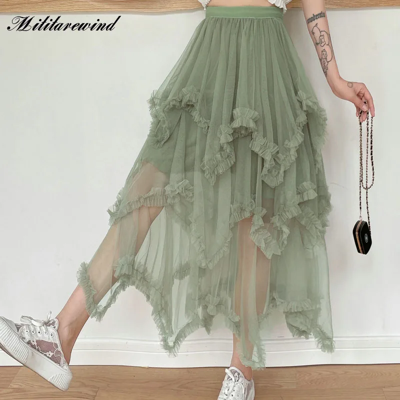 

Mesh Irregular High Waist Cake Skirts Women Ball Gown Spring Summer Sweet Ankle Length Elegant Partywear Femme Casual Skirts