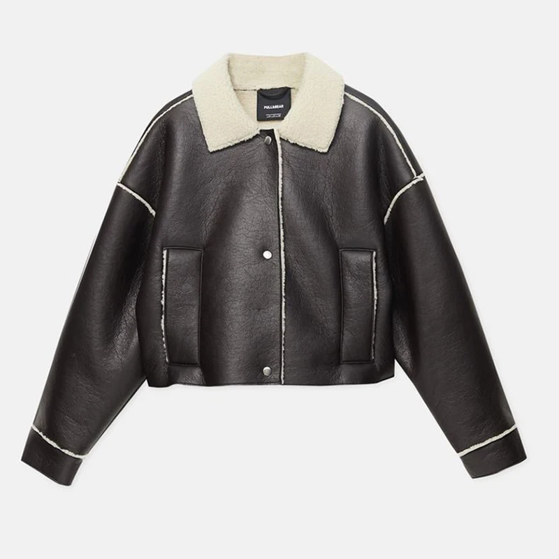 

New Winter Short Leather Jacket Women's Lapel Single Breasted Coat 2024 Autumn Vintage Casual Biker Motorcycle PU Jackets Female