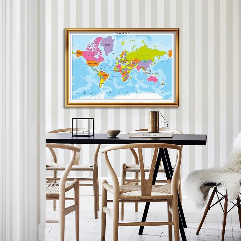 84*59cm The Wold Map in Dutch Vintage Wall Art Poster Canvas Painting Children School Supplies Living Room Home Decoration