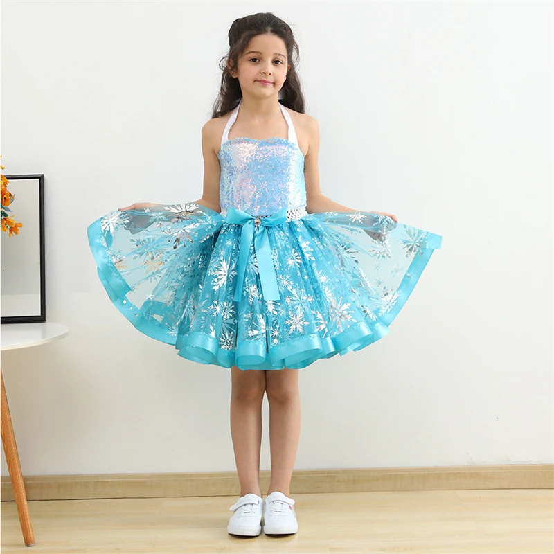 

2022 New Blue Sequins Snowflake Girls Tutu Dress Birthday Party Cosplay Costumes For Girl Kids Halloween Carnival Princess Dress