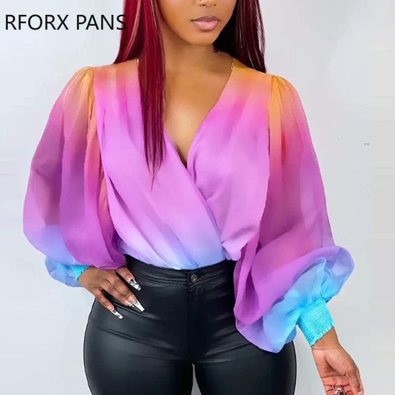 

Женская Повседневная Блузка с длинным рукавом-фонариком и глубоким V-образным вырезом