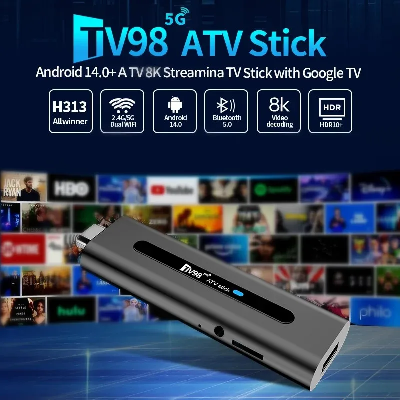 TV98 ATV Stick Android 14 Allwinner H313 Quad Core Cortex A53 Support 8K Video 4K Wifi6 BT5.0 Voice Remote Smart TV Mini Stick - 4