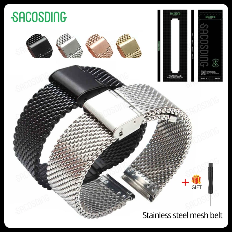 

【SACOSDING】Stainless Steel Watch Mesh Strap Safety Buckle Solid Watch Strap High Quality Mesh Belt 18mm 20mm 22mm