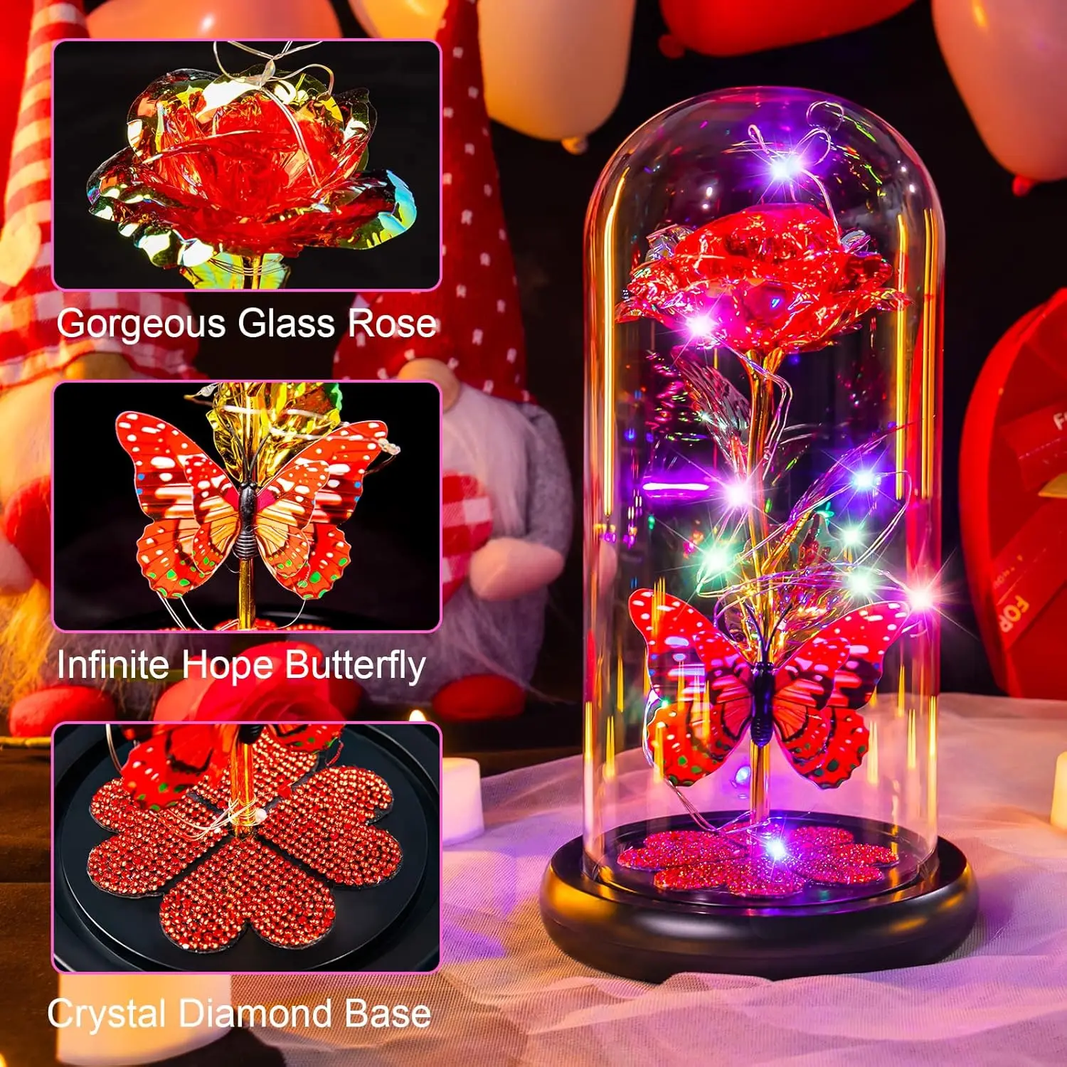 Enchanted Galaxy Glass Rose with Illuminated Crystal Flower and Butterfly Moth in Glass Dome