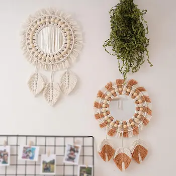 Specchio da parete sospeso in macramè, specchio acrilico decorativo rotondo fatto a mano con frange Boho per l'arredamento della casa della camera da letto del soggiorno dell'appartamento 1