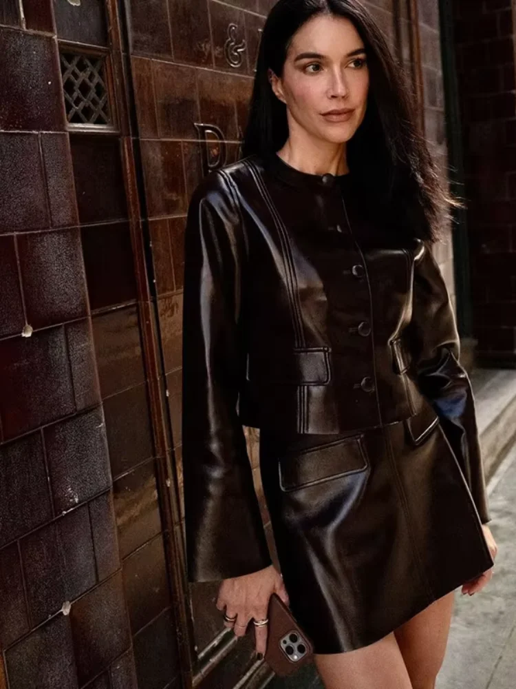 PU Leather Jacket and High-Waisted Mini Skirt Set - Chic High Street Outfit