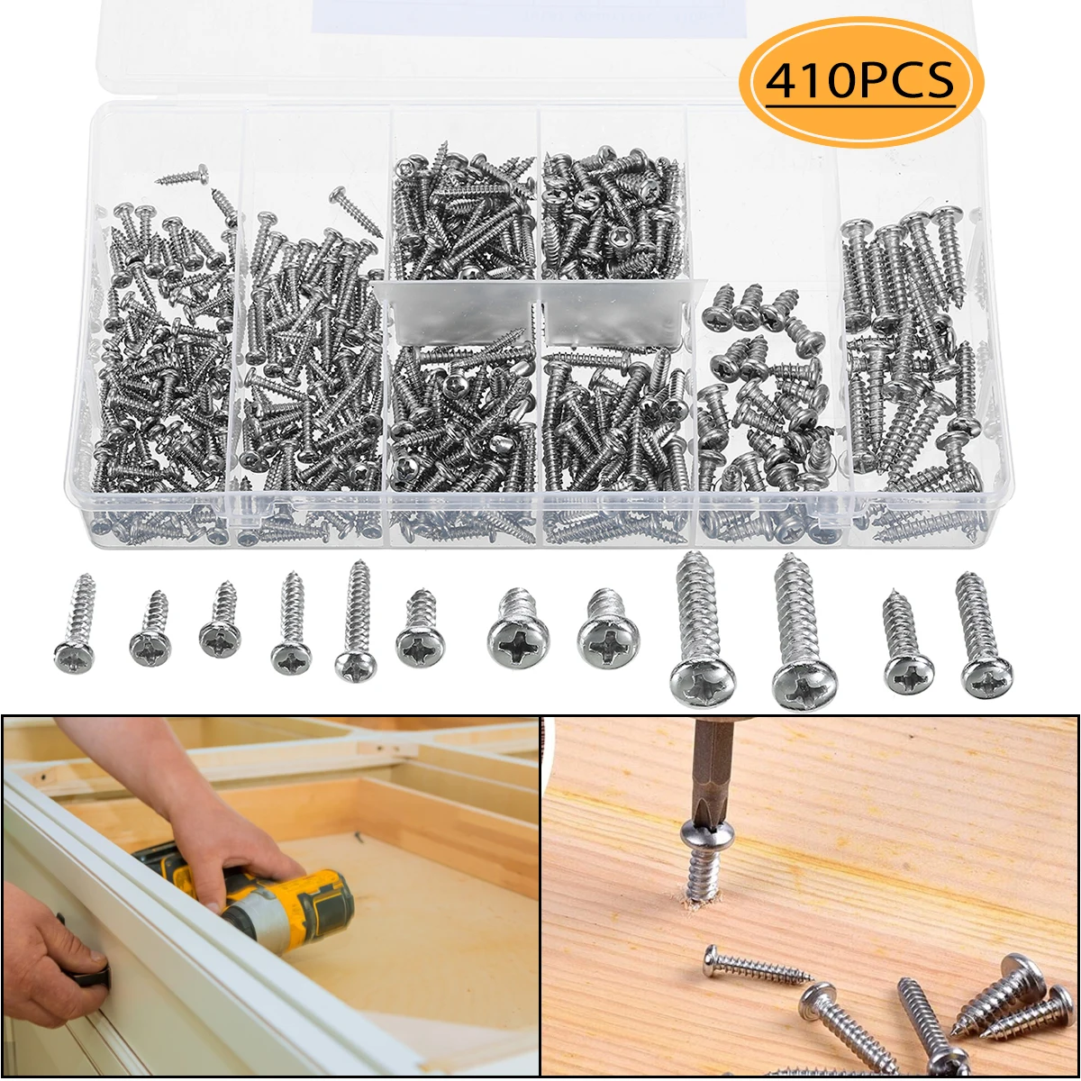 

410pcs Stainless Steel Round Head Screw Switch Assorted Box Pan Phillips Head Self Tapping Screws Switch Bolt Nut Assortment Kit