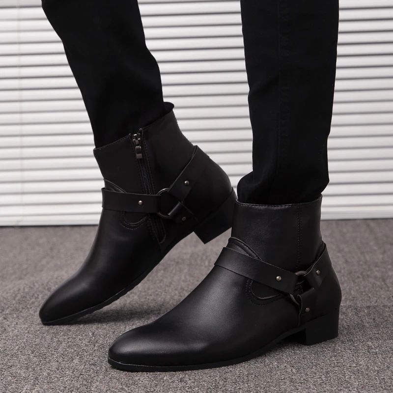 

Men's PU Leather Fashion High-heeled Boots, Wear-resistant Anti-skid Side-zippered Boots For Outdoor