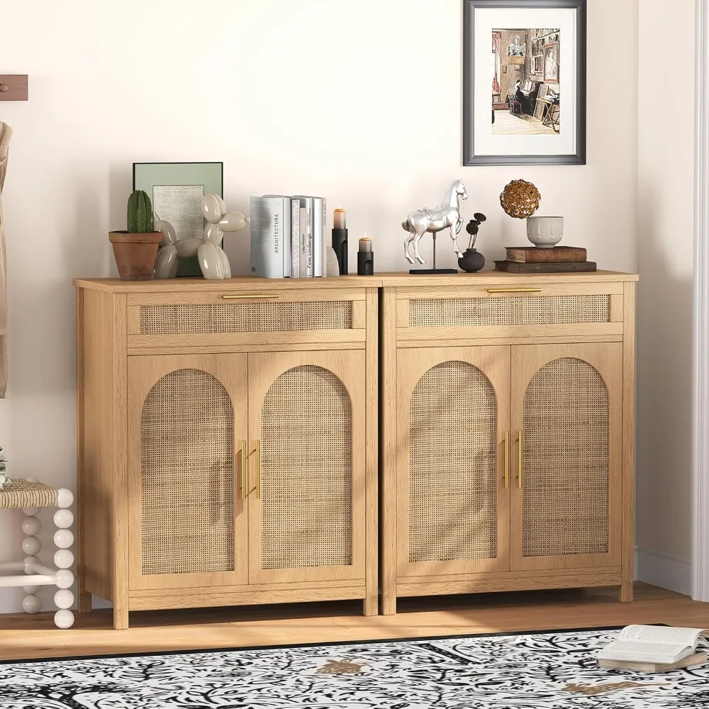 Set of 2 Rattan Accent Storage Cabinet, Floor Cabinet 4 Doors, Bathroom Storage Cabinet Large Drawer, Sideboard Buffet