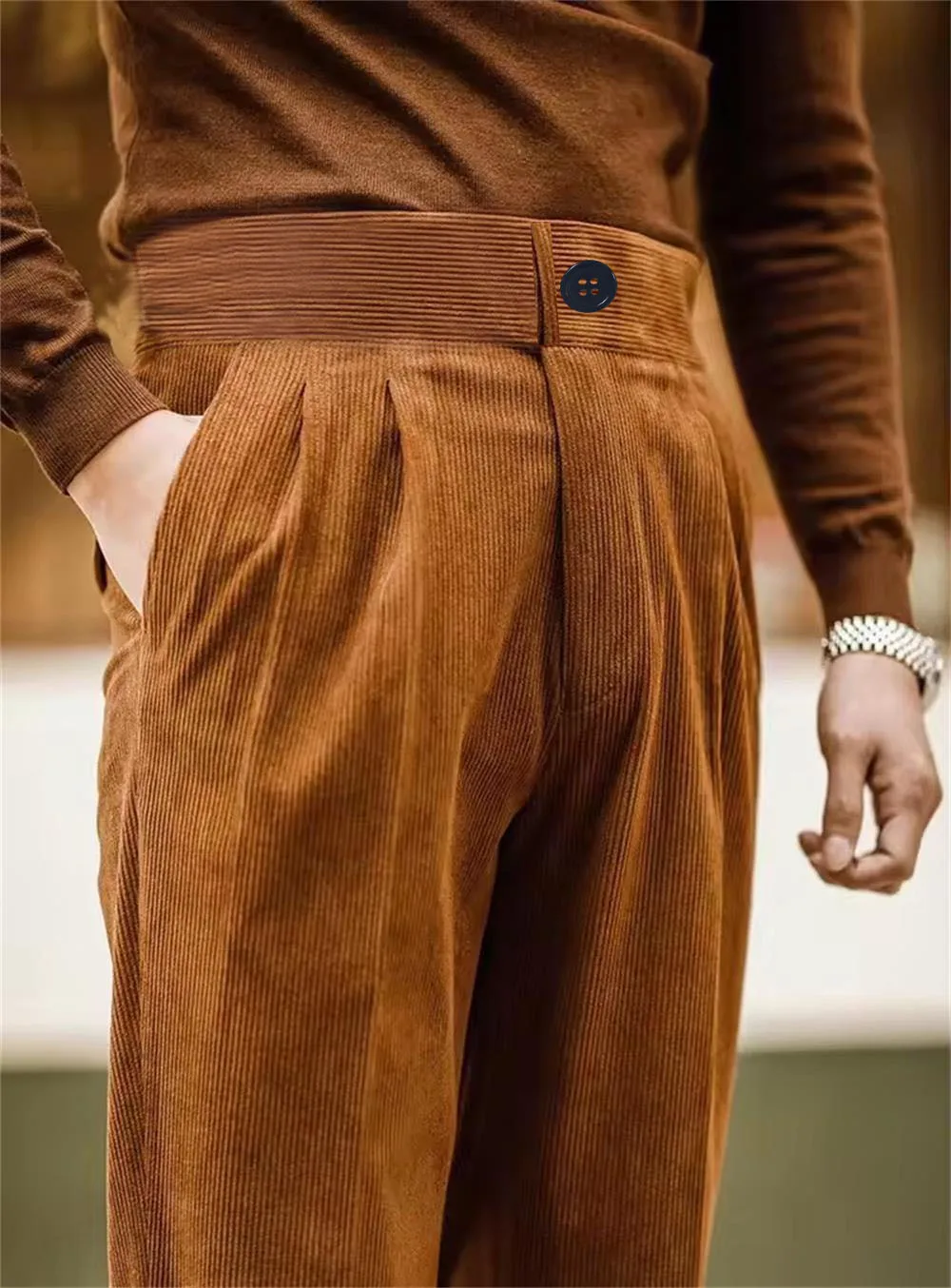 Corduroy Slim fit men pants Solid color Tall autumn winter suit