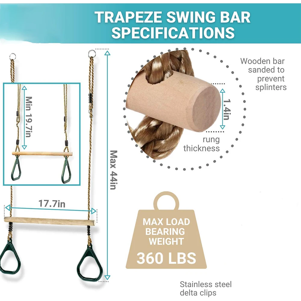 Wooden Trapeze with Plastic Gym Rings  Outdoor  Indoor Playground 2 in 1 Swing Set Accessories for Kids 2