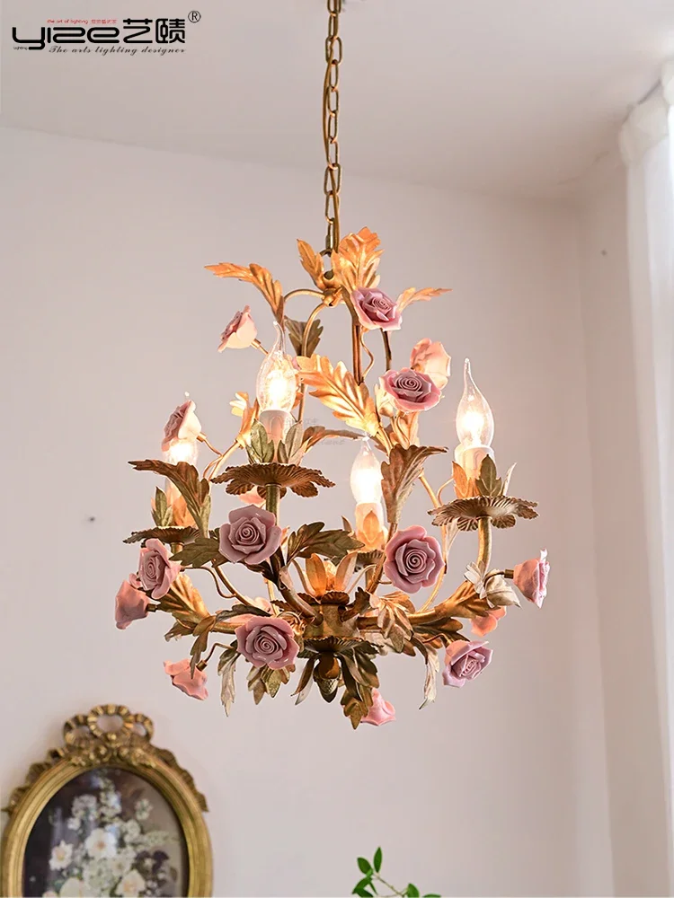 

Светодиодная люстра с цветами E14, медные керамические светильники из роз для столовой, гостиной, спальни, осветительные приборы для дома