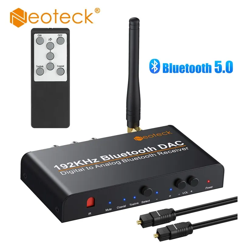 Neoteck DAC Converter Built-in Bluetooth Receiver 192kHz Digital Coaxial Toslink To Analog Stereo RCA 3.5mm Audio Support AptX