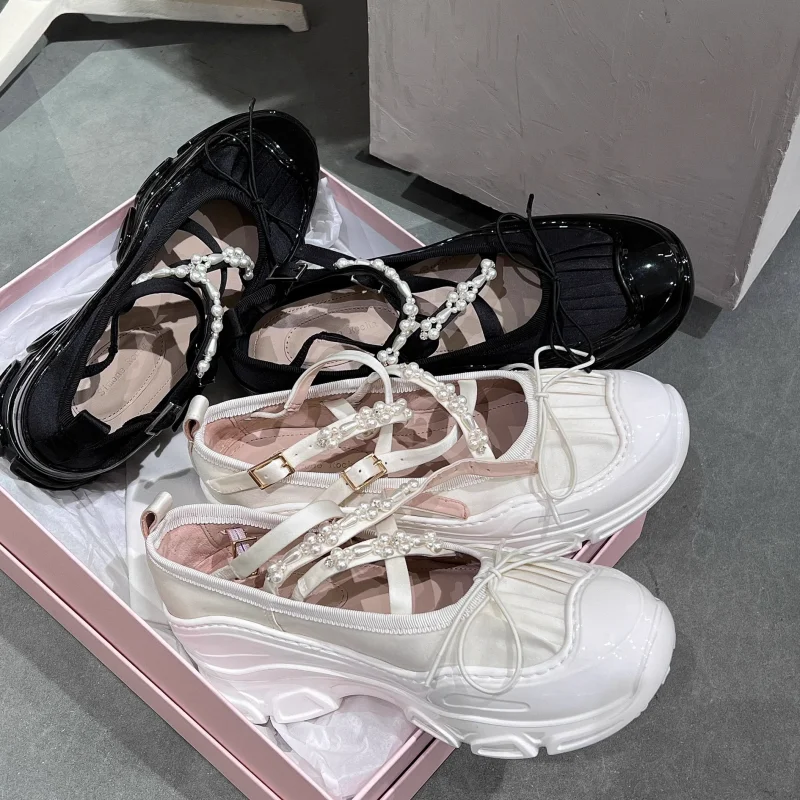 

Round Head Sweet Women's Sneakers 2023 Summer Pearl Casual Shoes Thick Sole French Mary Jane Shoes Bowknot Ballet Style Sneakers