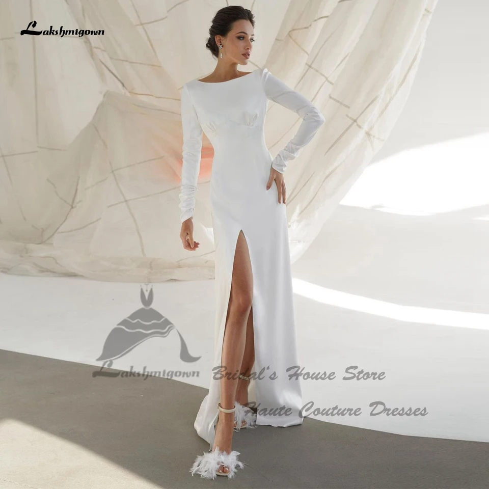 

Простые Свадебные платья Lakshmigown из крепа с длинным рукавом и разрезом сбоку, 2024, элегантные пляжные свадебные платья с открытой спиной