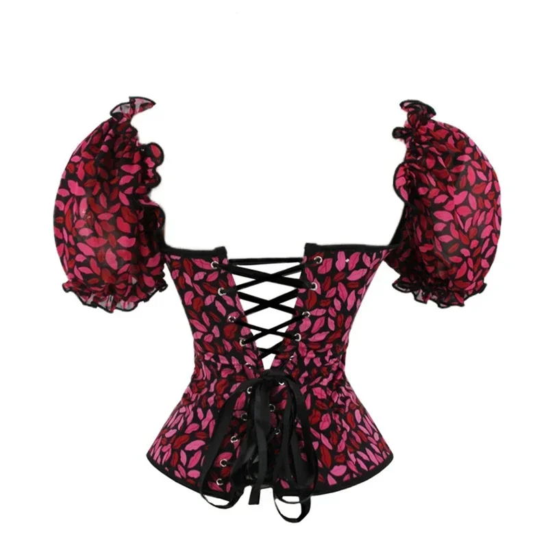 Women Gothic Sexy Ruffle Short Sleeve Slimming Corset Top Red Lips Prints Body Shaper Overbust Bustiers Corselet Fashion