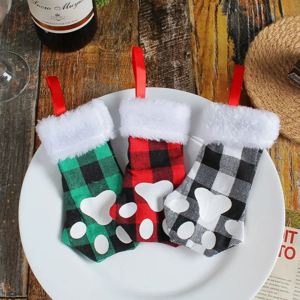 Christmas Stocking Dog Claw Socks New Year Candy Gift Bag Xmas Tree Fireplace Hanging Decoration Red Black
