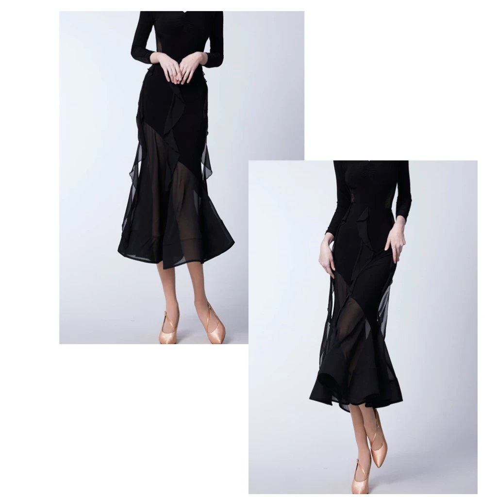 New Modern Dance Skirt For Women Adult National Standard Dance Mesh Half Skirt Chacha Ballroom Performance Wear DN19849