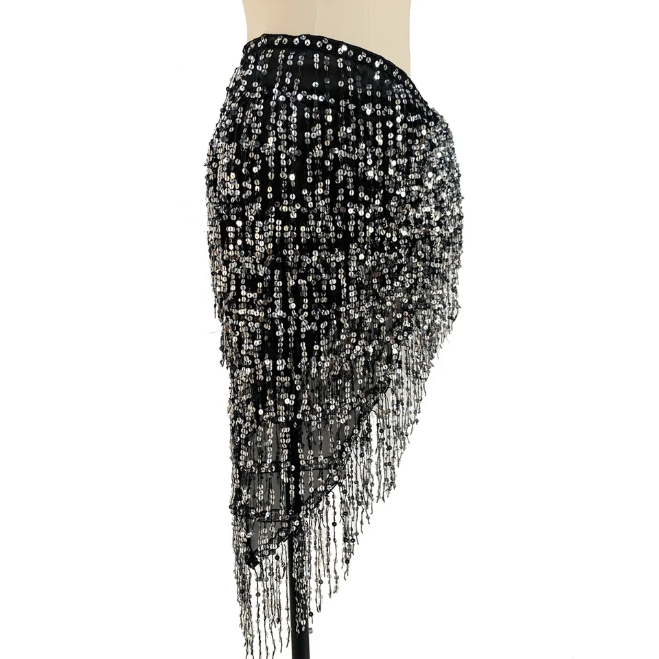 Jupe Courte Pailletée Pour Danse Du Ventre | Taille élastique, Noir | Écharpe Carrée à Paillettes | Pour Spectacle, Fête, Déguisement