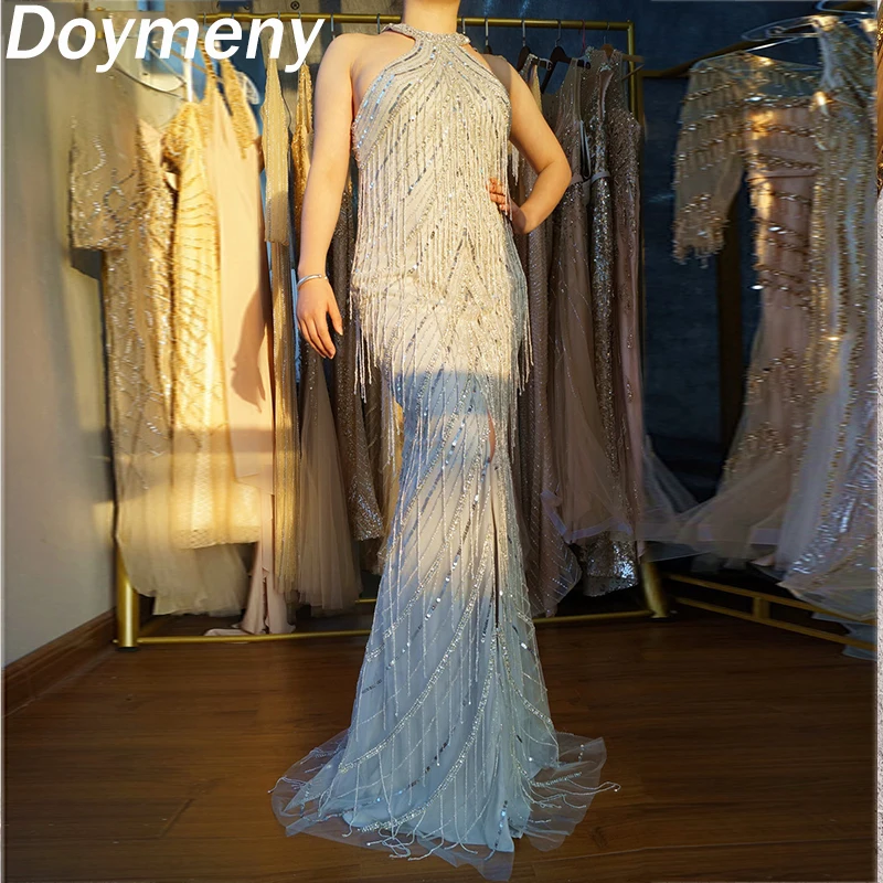 

Doymeny Luxury Prom Dresses Sequin Halter Tassel Beaded Mermaid Cocktail Formal Evening Party Gownsفساتين السهرةvestidos de Gala