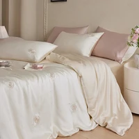 Lyocell Bamboo Fiber Silky Cool Feeling Sleeping Naked Bedding Set Rose Flowers Embroidery Duvet Cover Bed Sheet Set Pillowcases 1