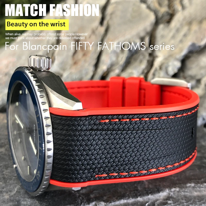 

23mm New Soft Natural Rubber Watchband for Blancpain Fifty fathoms Silicone Watch Strap Wristband Two-tone Black Blue Bracelets