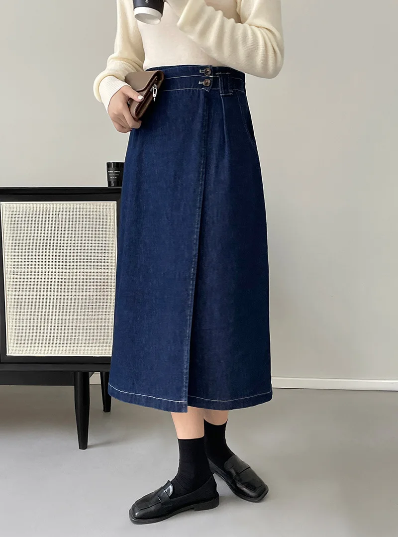 

High Quality Women A-Line Denim Skirt Autumn New Ladies Elastic Waist Long Skirts Vintage Casual Female Bodycon Skirts