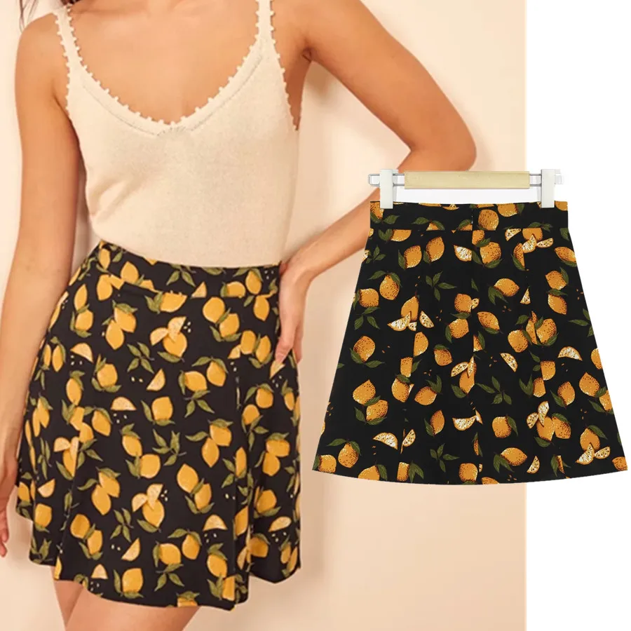 

Dave&Di Indie Folk Vintage Orange Printing High Wasit A-line Sexy Mini Skirt Women High Street Casual Skirts