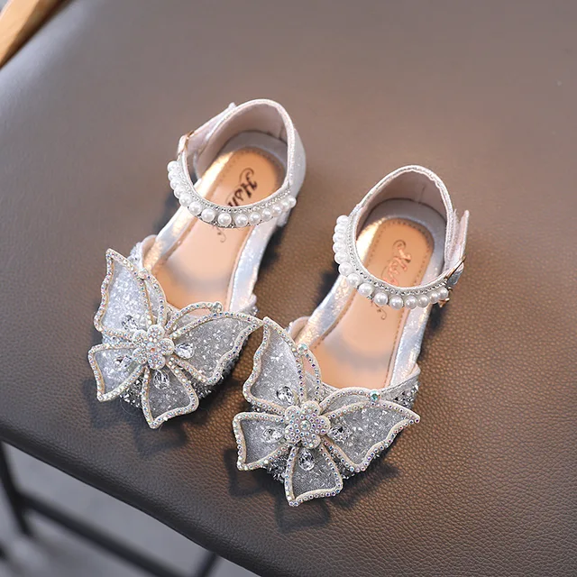 Summer Girls Sandals Fashion Sequins Rhinestone Bow Girls Princess Shoes Baby Girl Shoes Flat Heel Sandals Size 21-35 SHS104 SHS104Silver