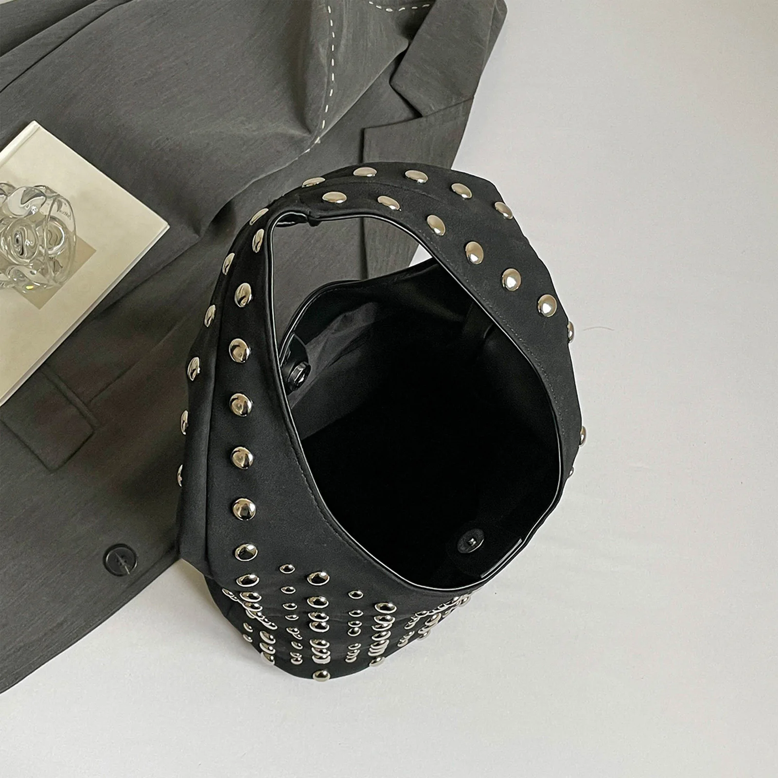 Stylish Studded Hobo Bag Y2K Rivets Bucket Purse Punk Underarm Satchels for Women Work Shopping Travel