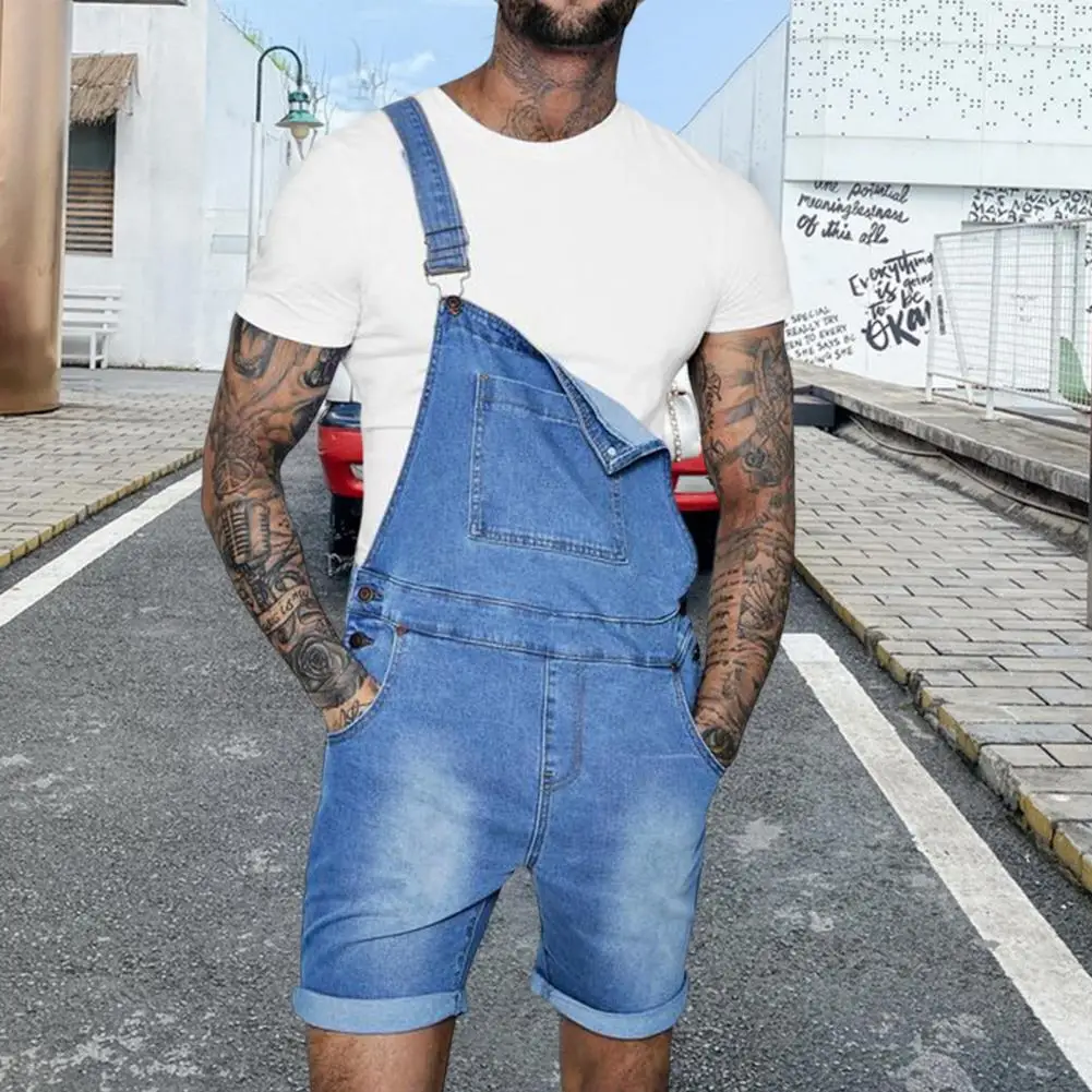 Tuta In Denim Da Uomo Spalline Multi Tasche Salopette Salopette Tute Moto Biker Jeans Bordi Arrotolati Pantaloni Casual Vintage