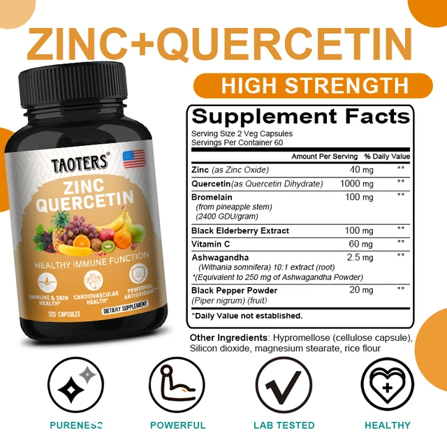 Quercetin Antioxidant Supplements Lung Support Cardiovascular Skin Health Immune Function Anti-Inflammatory Beauty & Health Zinc