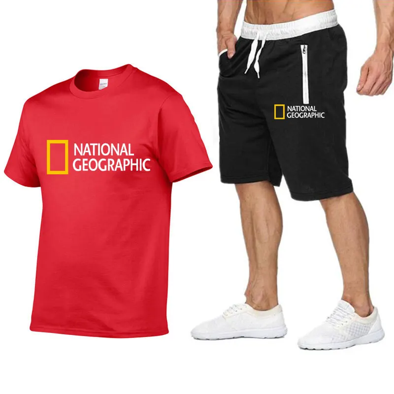 men's outfit sets National Geographic Indication Two Piece Suit Men's Cotton Short Sleeve T-shirt + Shorts  Man Casual Sports Wear Fitness Wear mens set