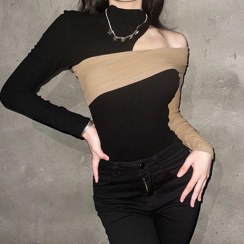 

PASSIONNÉ Women's T-shirt O-neck Off-shoulder Long Sleeve Hit-color Patchwork Casual Tops Female 2023 Autumn Fashion New