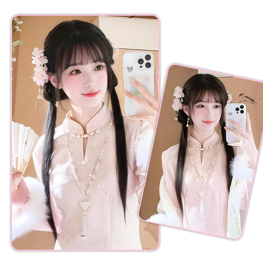 합성 신중국풍 클로 클립 메시 번 시뇽 롱 스트레이트 포니테일 자연스러운 풍성한 고대 스타일 한푸 포니테일 가발
