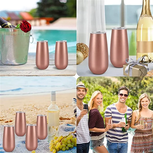 Lifecapido 6 Pack Stemless Double Insulated Champagne Flute  Tumbler with Lid, 6 Oz Unbreakable Reusable Cocktail Champagne Toasting  Glasses, Good Gift for Friends Family Christmas Birthday, Rose Gold:  Champagne Glasses