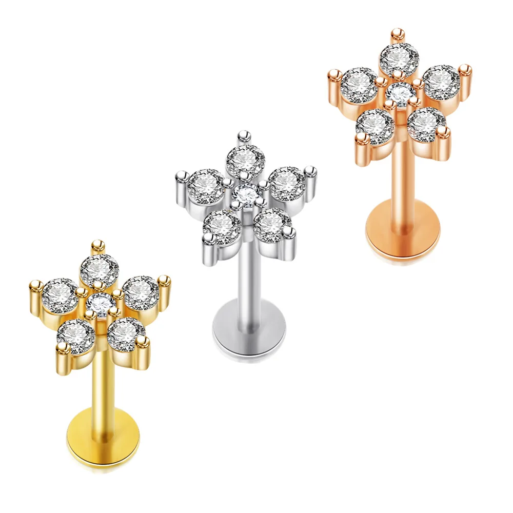 Stainless Steel Crystal Gem Labret Lip Bar Ring Cubic Zircon Flower Ear Cartilage Tragus Helix Piercing Screw Fit 1PC 16g