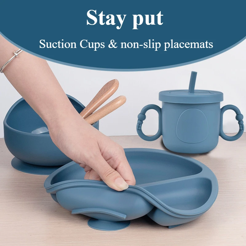Zackoo 6PCS Silicone Children Tableware Sucker Bowl Dishes Kids Waterproof Bib Children's Tableware Straw Cup Baby Feeding Set