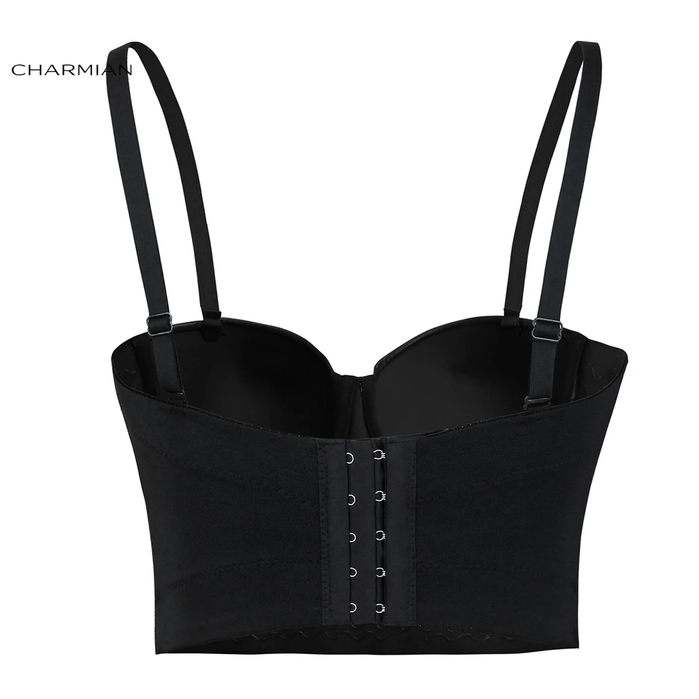 Charmian Leather Bra Top Women's Sexy Punk Spaghetti Straps Zipper Bustier Corset Crop Bra Tube Top Plus Size Clubwear Black