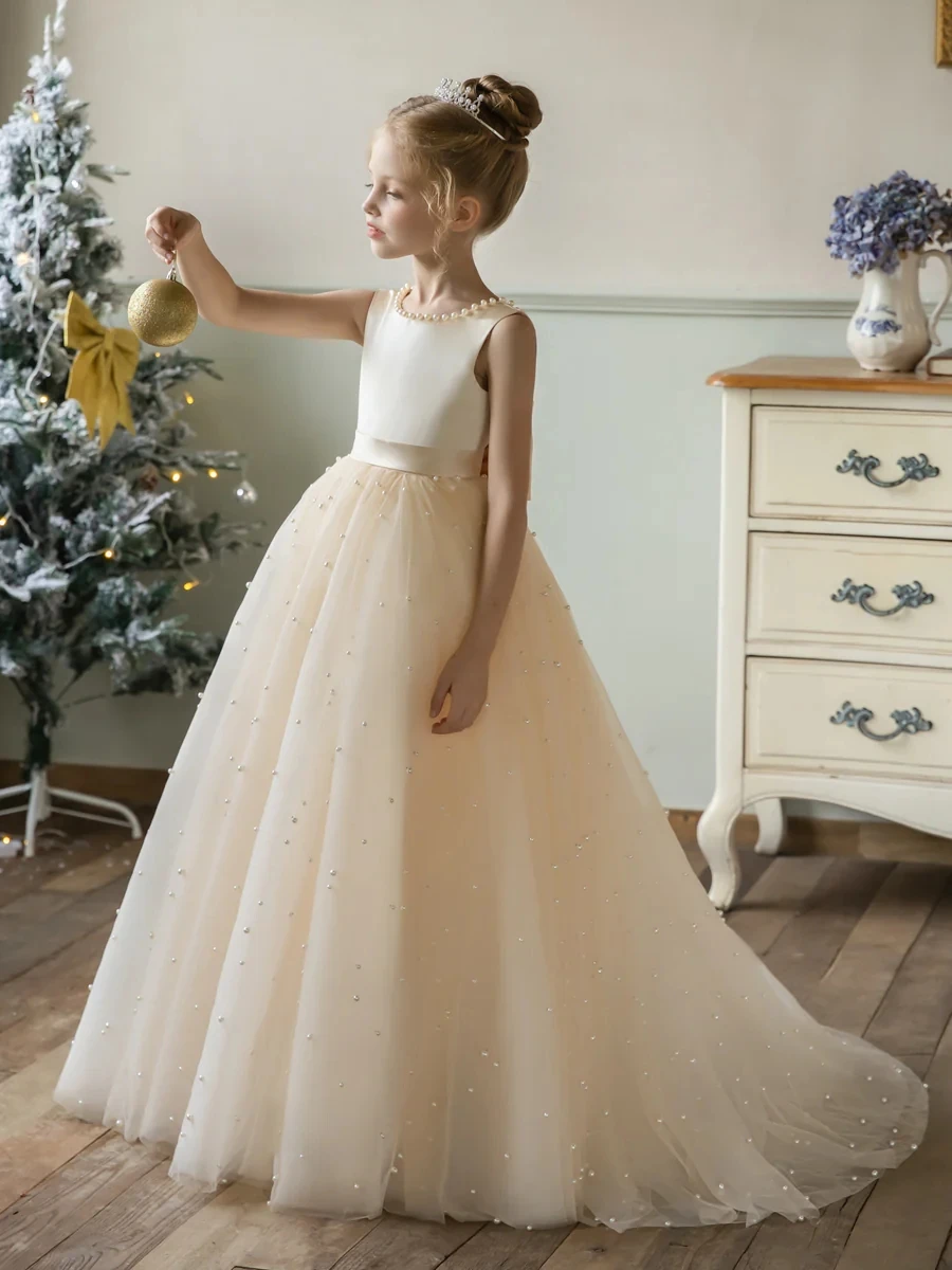 Vestido de niña de flores champán para boda, perlas hinchadas, tul con lazo, vestido de baile hinchado, Cumpleaños de Niños, fiesta de primera comunión