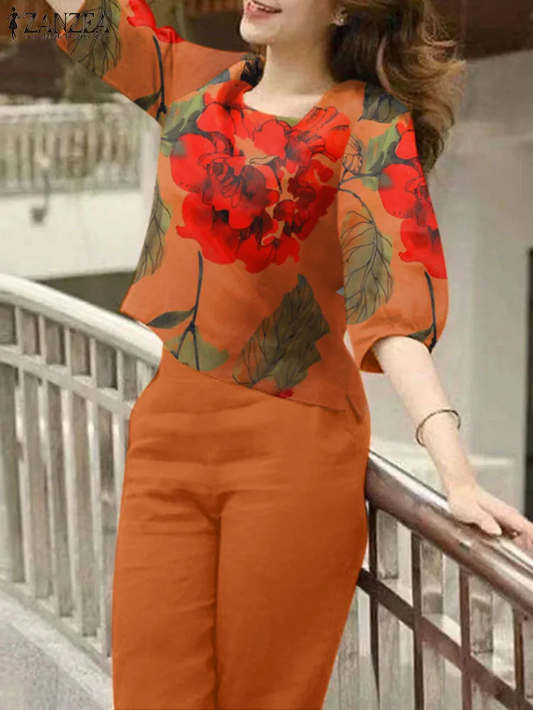 ZANZEA Bohemian Casual Holiday Party Tracksuit 2PCS Women Half Sleeve Blouse Pants Sets Outifits Floral Printed Trousers Suits 2