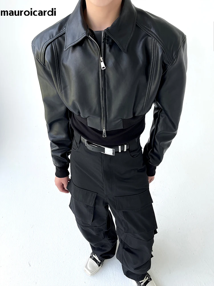 Mauroicardi Spring Autumn Cropped Pu Leather Jacket Men Long Sleeve Zipper Luxury Designer Clothes Runway European Fashion 2023 6