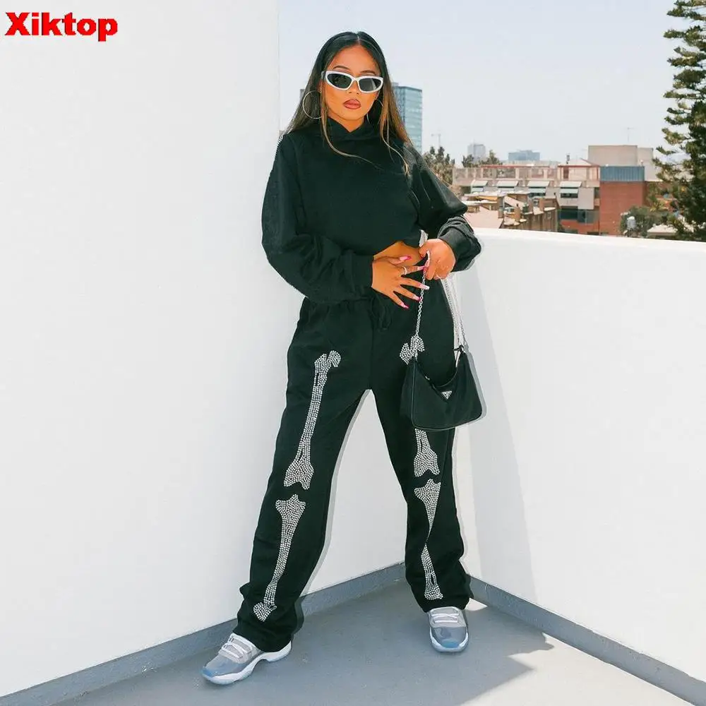 

Xiktop Pearl Diamond Hook Pants For Women Bone Pattern Autumn & Winter Trousers 2022 Casual Stretch Low Waist Cropped Pants